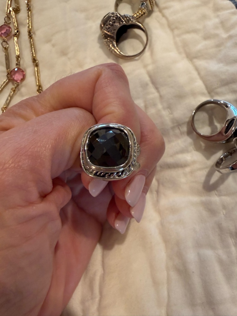 Sterling Silver Black Cushion-Cut Statement Ring - Women Jewelry